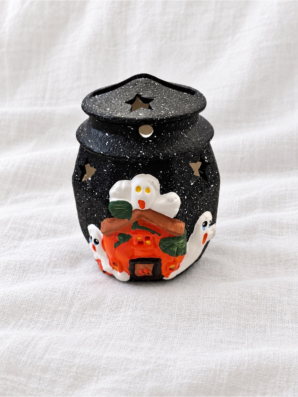 Vintage Halloween Ghost Haunted House Ceramic Tealight Candle Holder 5”